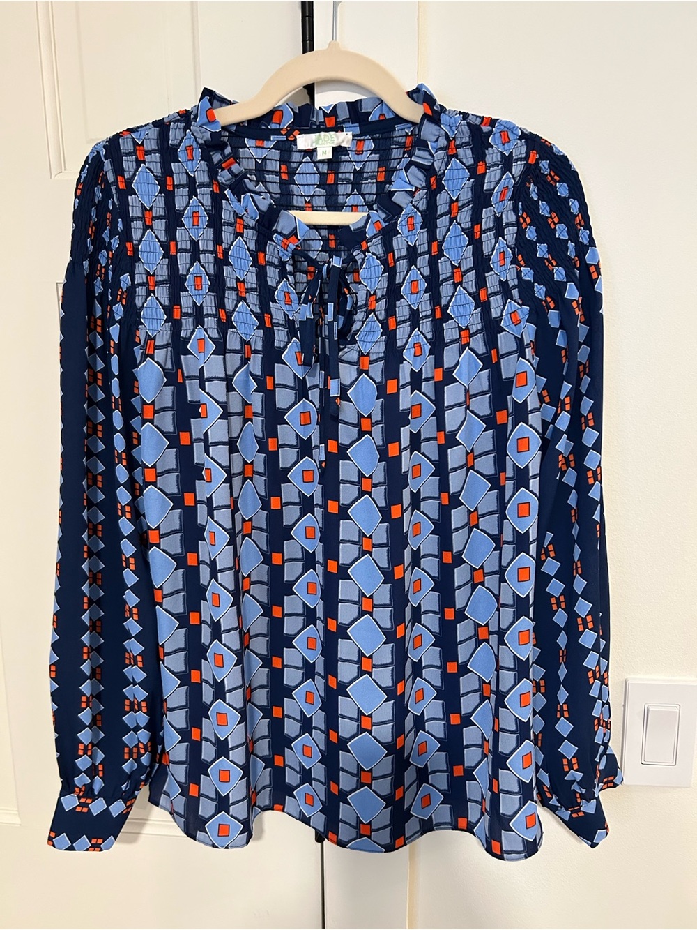 Jade by Melody Tam Women’s Navy Geometric Print Long-Sleeve Blouse